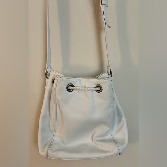 Vintage Fossil White Leather Bucket Purse w/Braided Drawstring & Silver Accents - Picture 2 of 16